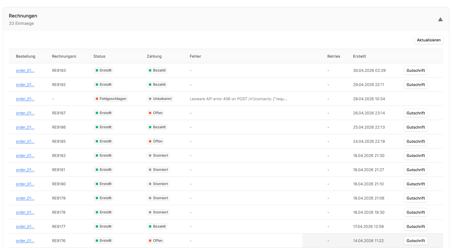 LexBridge Admin UI - Rechnungsliste