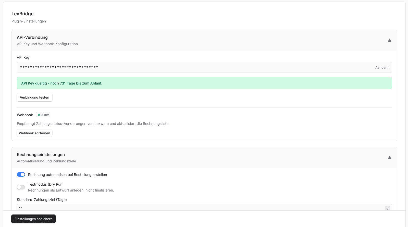 LexBridge Admin UI - API-Verbindung und Rechnungseinstellungen